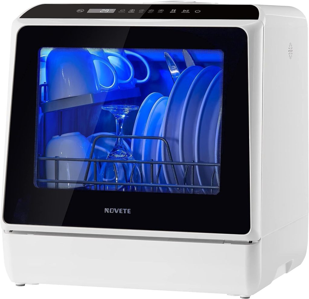 NOVETE TDQR01 portable countertop dishwasher in white with LED display